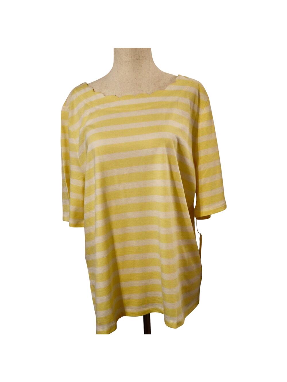 Talbots NWT XL Pima Cotton Tee Yellow White Stripe Scallop Neck Soft Top